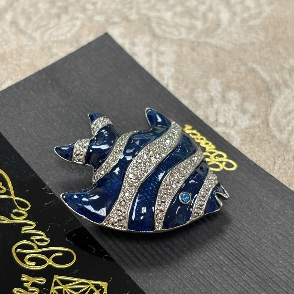 Brand New Park Lane Blue & Silver Tone Crystal Angelfish Brooch Pin Tropical